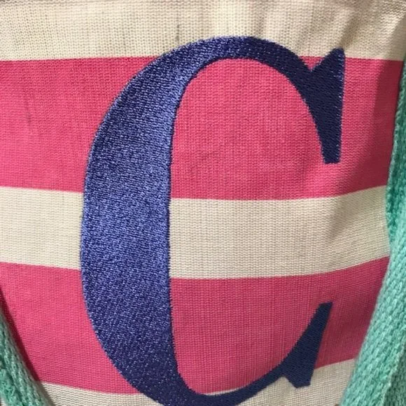 Mud Pie Initial C Cabana Stripe Pink Aqua Periwinkle Canvas Tote - Picture 2 of 10